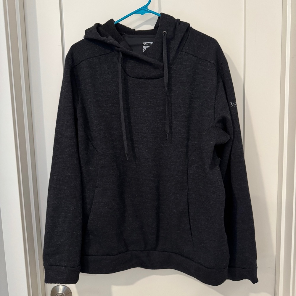 Arcteryx Laina Hoodie Mens Large Black Charcoal Heather Fleece Pullover Cowl